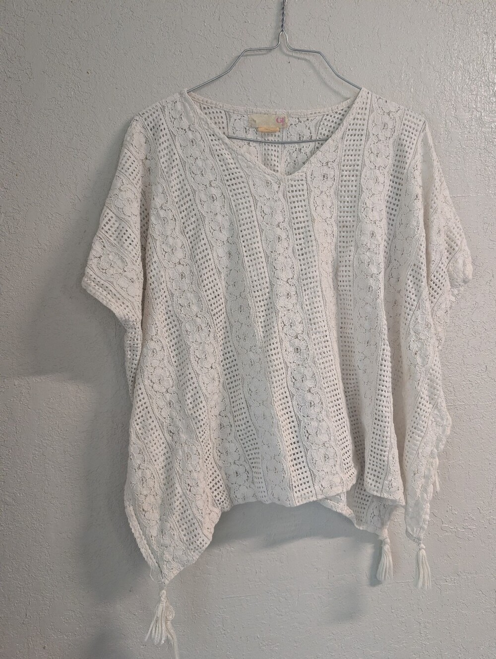 Lace Semi Sheer Tassel Top M Cream Boxy Grunge Boho Cottage Dainty Fairy Hippie